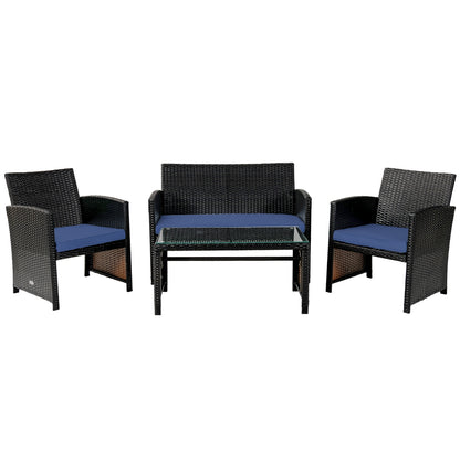 4Pcs Patio Rattan Cushioned Furniture Set, Navy Patio Conversation Sets Navy at Gallery Canada