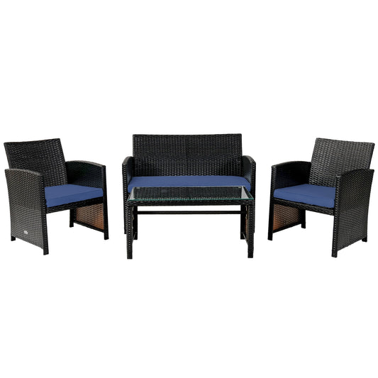 4Pcs Patio Rattan Cushioned Furniture Set, Navy Patio Conversation Sets Navy at Gallery Canada