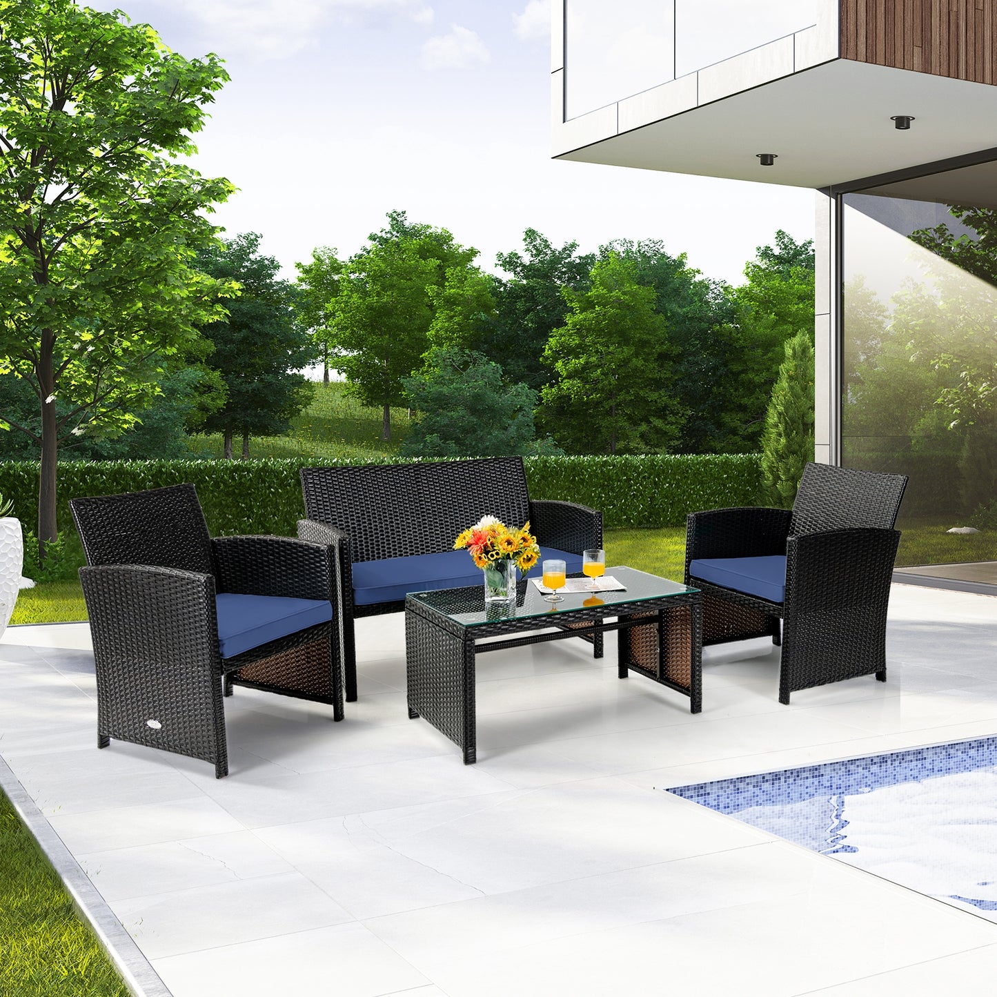 4Pcs Patio Rattan Cushioned Furniture Set, Navy Patio Conversation Sets at Gallery Canada