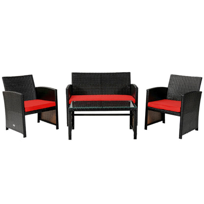 4 Piece Patio Rattan Cushioned Furniture Set, Red Patio Conversation Sets at Gallery Canada