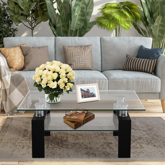 Rectangle Glass Coffee Table with Metal Legs for Living Room, Black - Gallery Canada