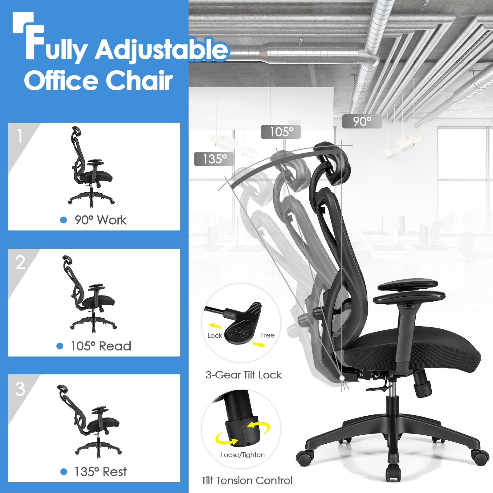 High Back Mesh Executive Chair with Adjustable Lumbar Support, Black Ergonomic Chairs at Gallery Canada
