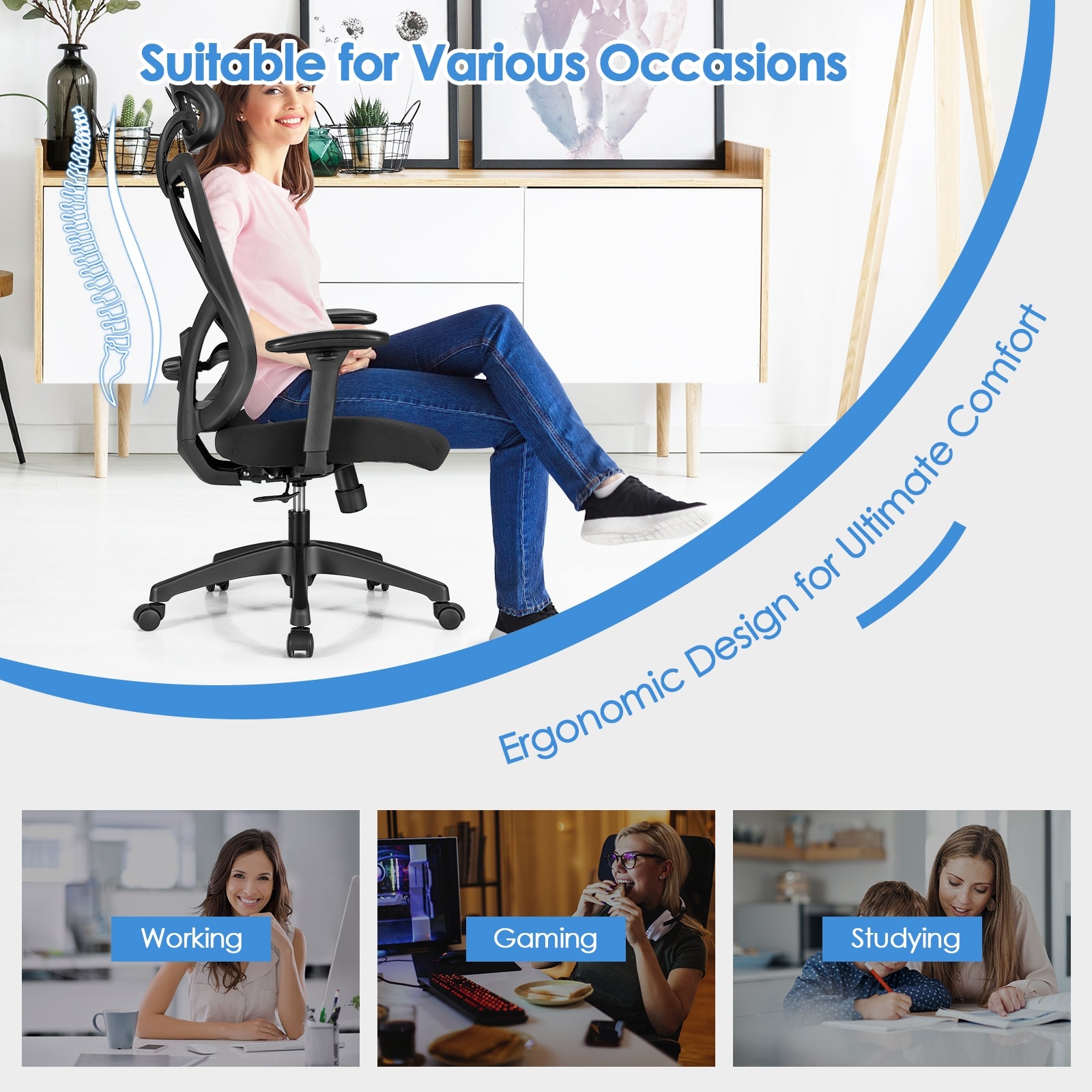 High Back Mesh Executive Chair with Adjustable Lumbar Support, Black Ergonomic Chairs at Gallery Canada