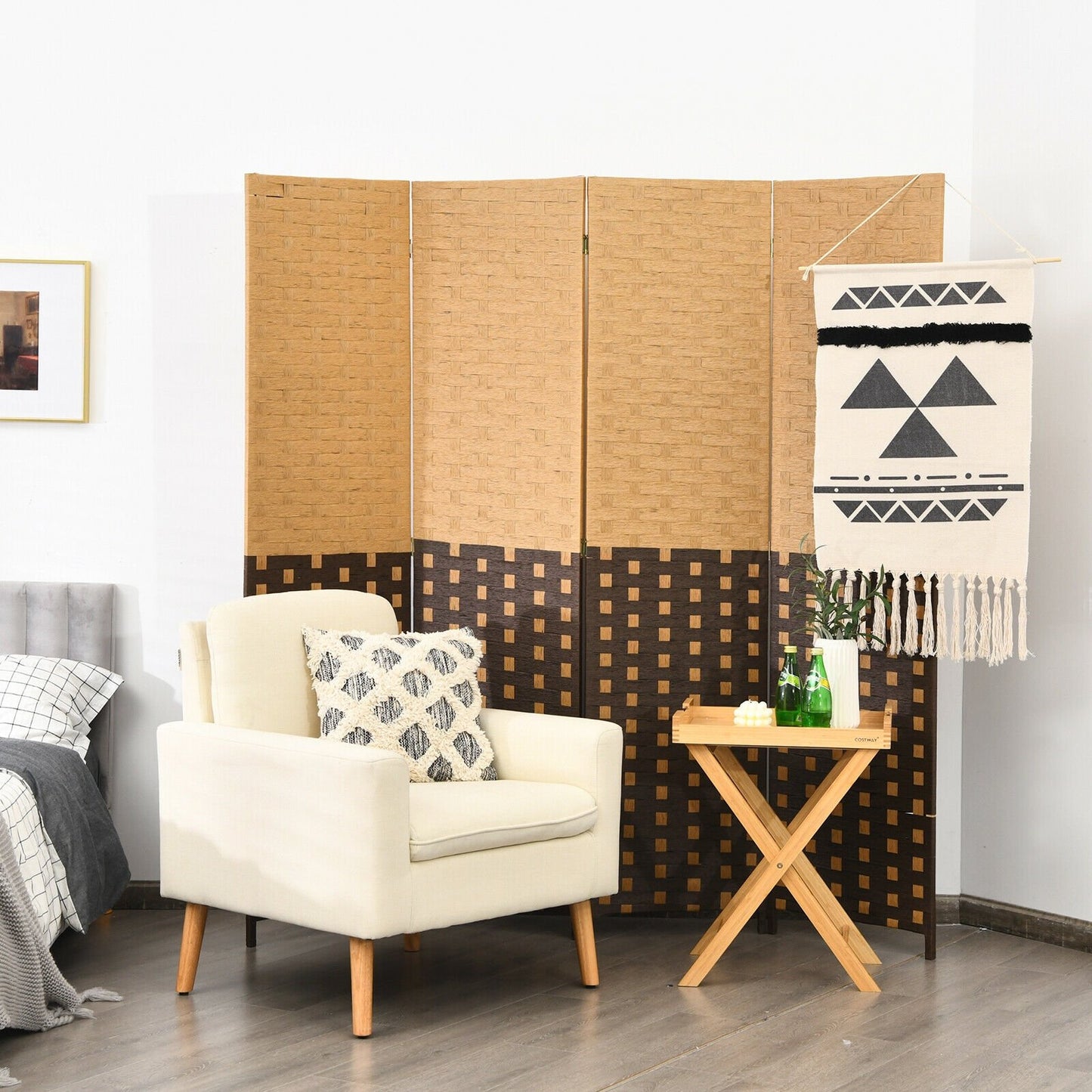 4 Panel Portable Folding Hand-Woven Wall Divider Suitable for Home Office, Brown at Gallery Canada