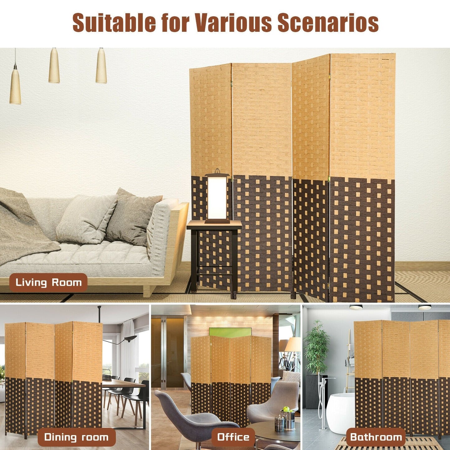 4 Panel Portable Folding Hand-Woven Wall Divider Suitable for Home Office, Brown at Gallery Canada