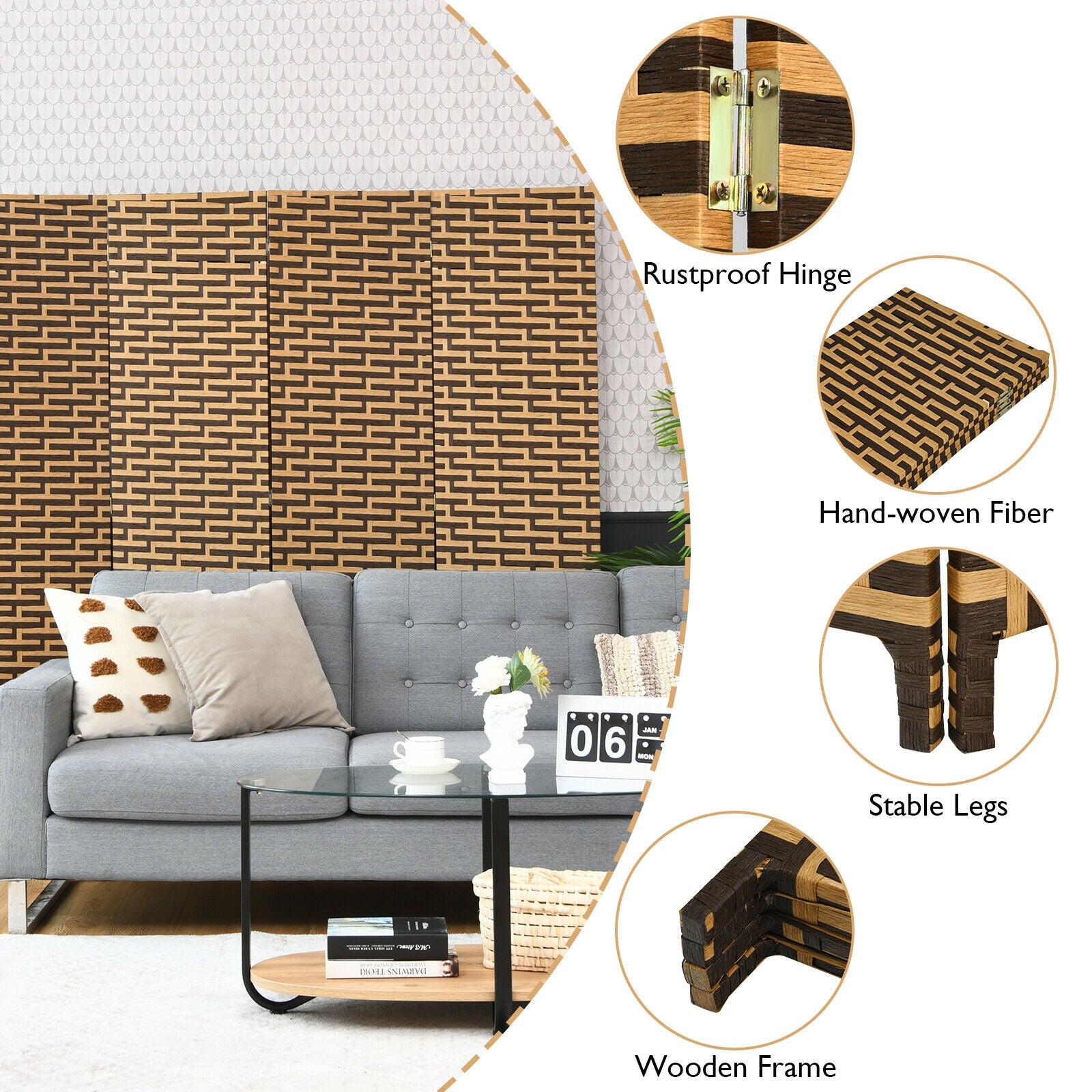 4 Panel Folding Privacy Partition Room Divider with Rustproof Hinge, Yellow Room Dividers at Gallery Canada