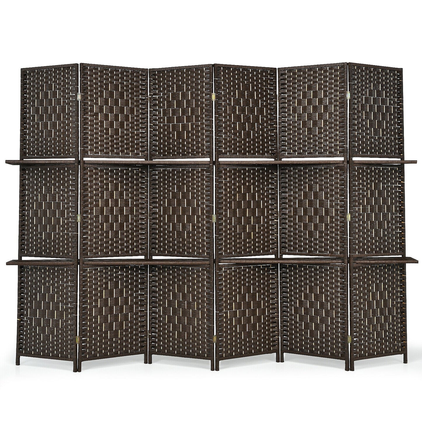 6 Panel Folding Weave Fiber Room Divider, 2 Display Shelves, Brown Room Dividers Brown at Gallery Canada