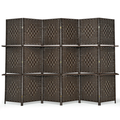 6 Panel Folding Weave Fiber Room Divider, 2 Display Shelves, Brown Room Dividers Brown at Gallery Canada