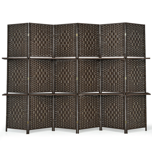 6 Panel Folding Weave Fiber Room Divider, 2 Display Shelves, Brown Room Dividers Brown at Gallery Canada