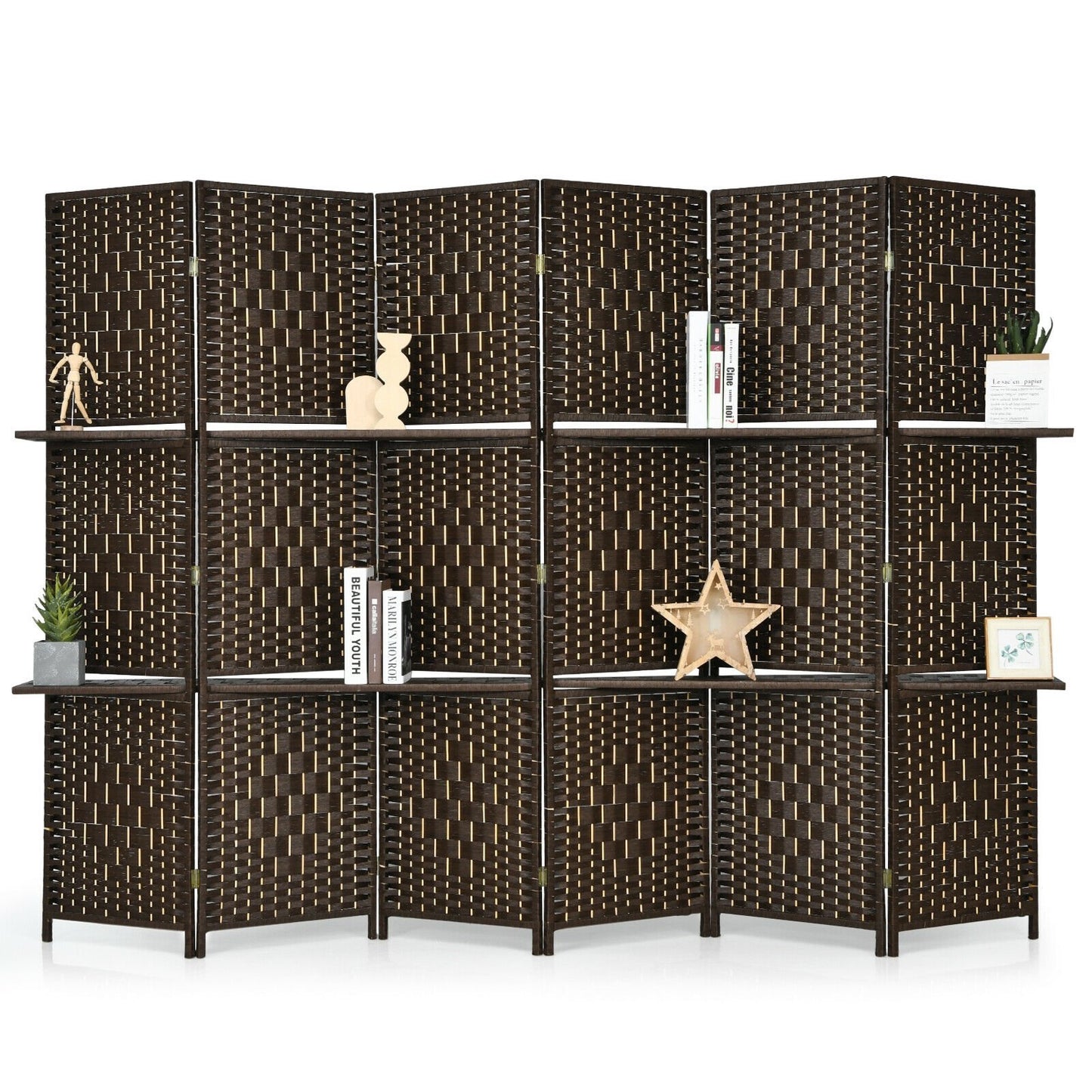 6 Panel Folding Weave Fiber Room Divider with 2 Display Shelves , Brown at Gallery Canada