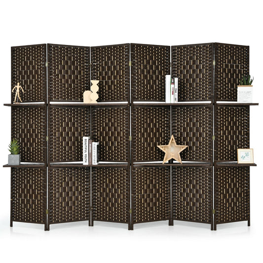 6 Panel Folding Weave Fiber Room Divider with 2 Display Shelves , Brown - Gallery Canada