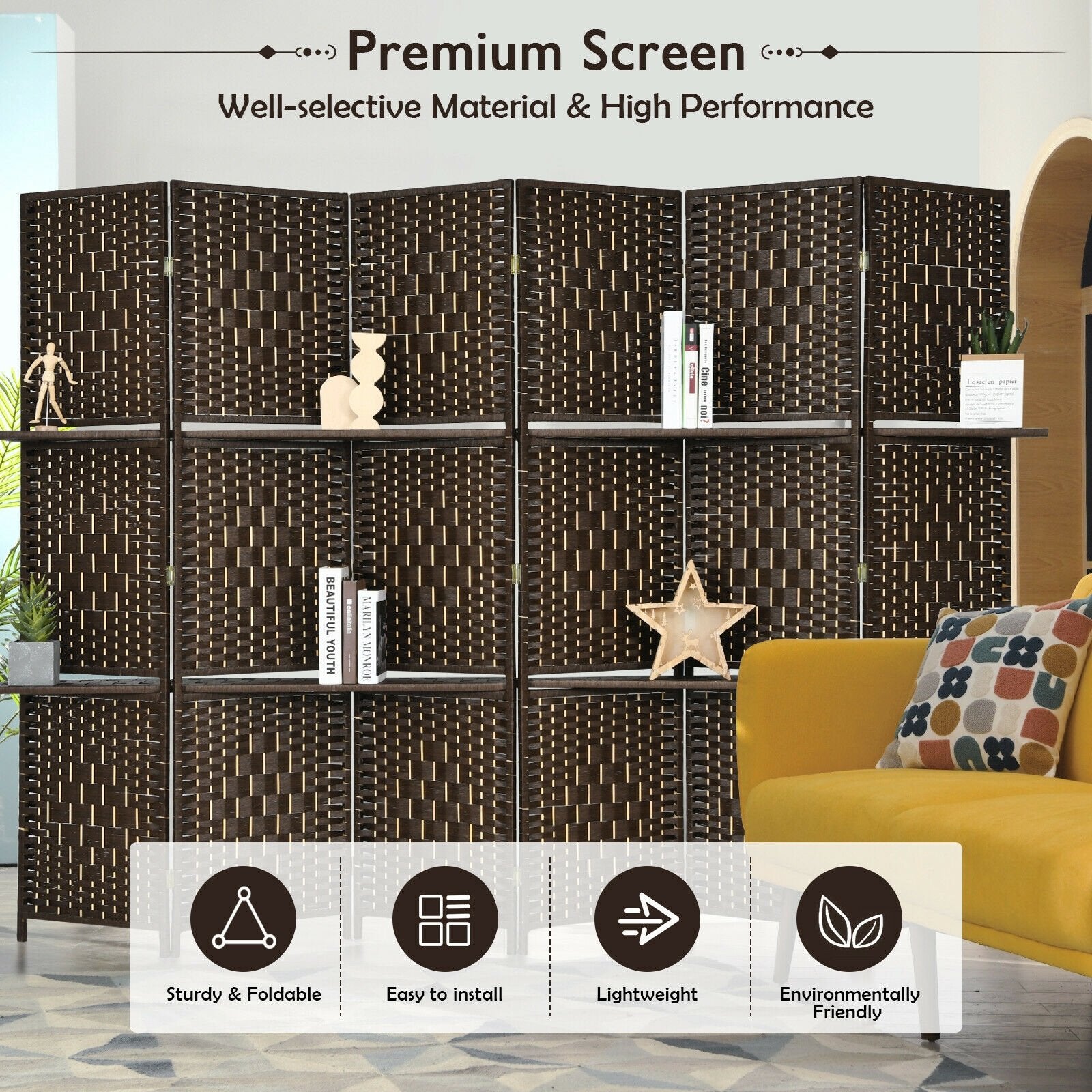 6 Panel Folding Weave Fiber Room Divider with 2 Display Shelves , Brown at Gallery Canada