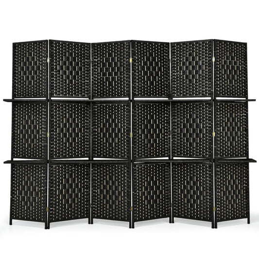 6 Panel Folding Weave Fiber Room Divider with 2 Display Shelves , Black Room Dividers Black at Gallery Canada