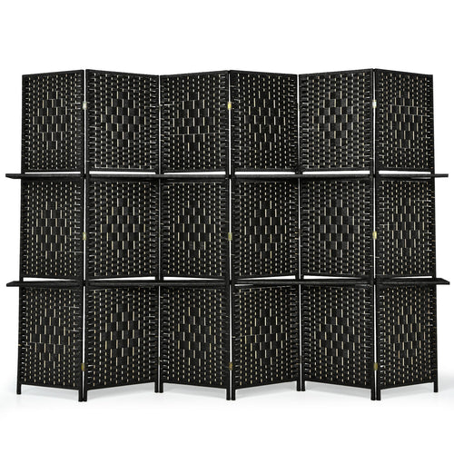6 Panel Folding Weave Fiber Room Divider, 2 Display Shelves, Black