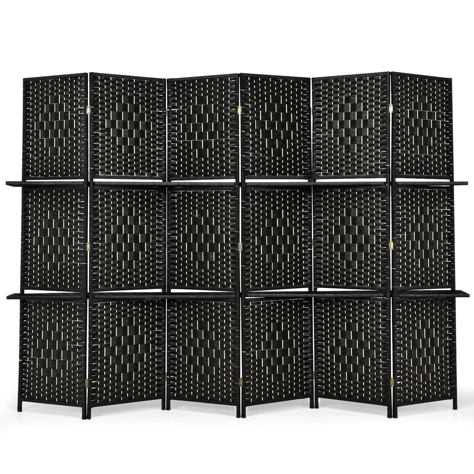6 Panel Folding Weave Fiber Room Divider, 2 Display Shelves, Black Room Dividers at Gallery Canada