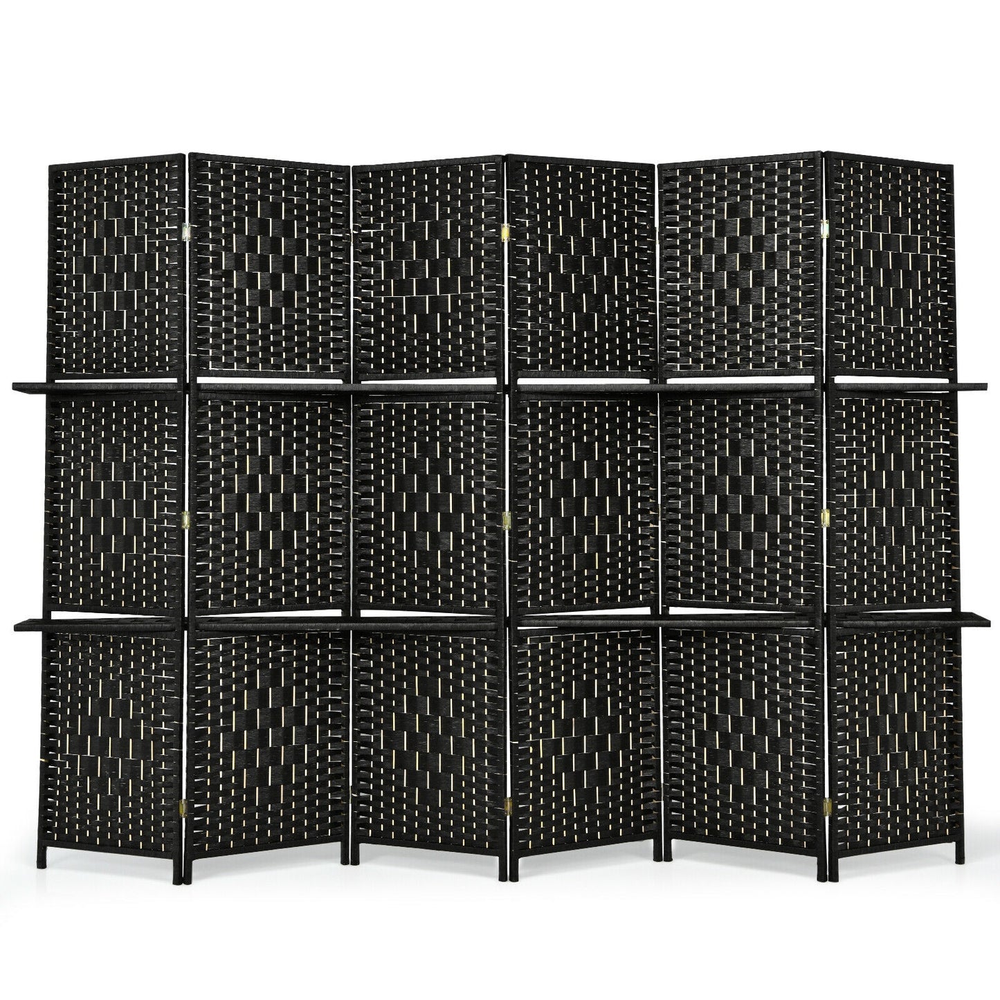 6 Panel Folding Weave Fiber Room Divider, 2 Display Shelves, Black Room Dividers at Gallery Canada