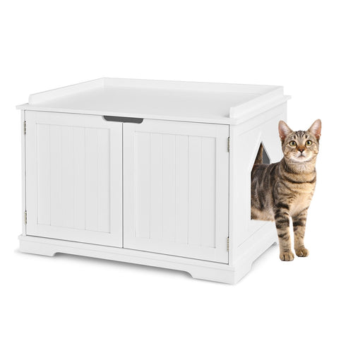 Cat Litter Box Enclosure with Double Doors for Large Cat and Kitty, White