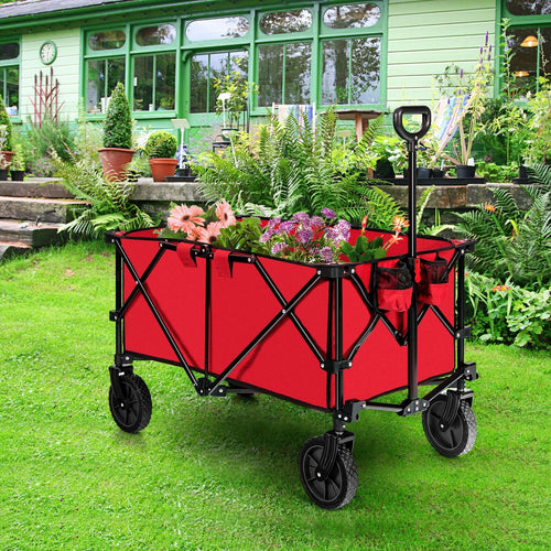 Outdoor Folding Wagon Cart with Adjustable Handle and Universal Wheels, Red