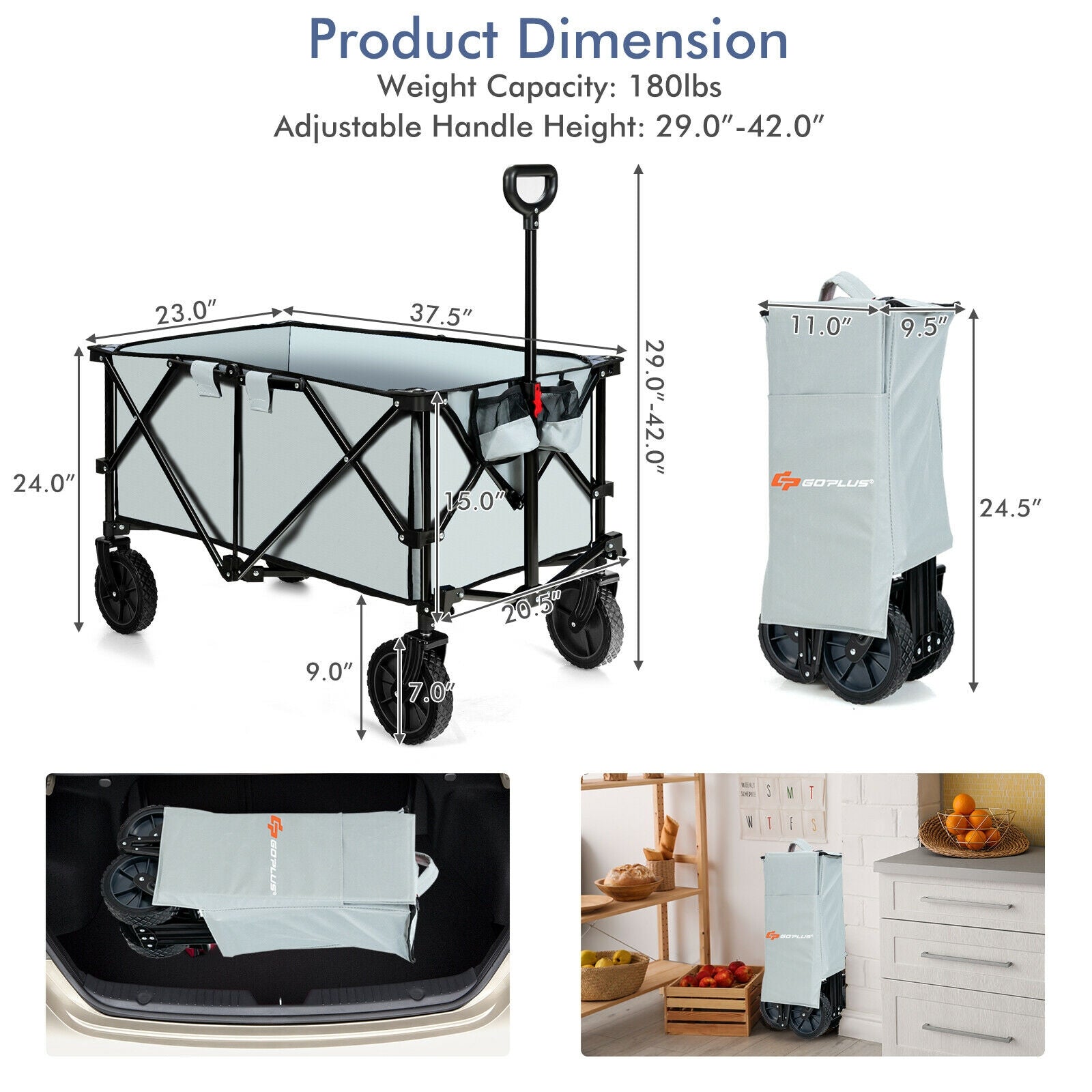 Outdoor Folding Wagon Cart with Adjustable Handle and Universal Wheels, Gray Garden Carts at Gallery Canada