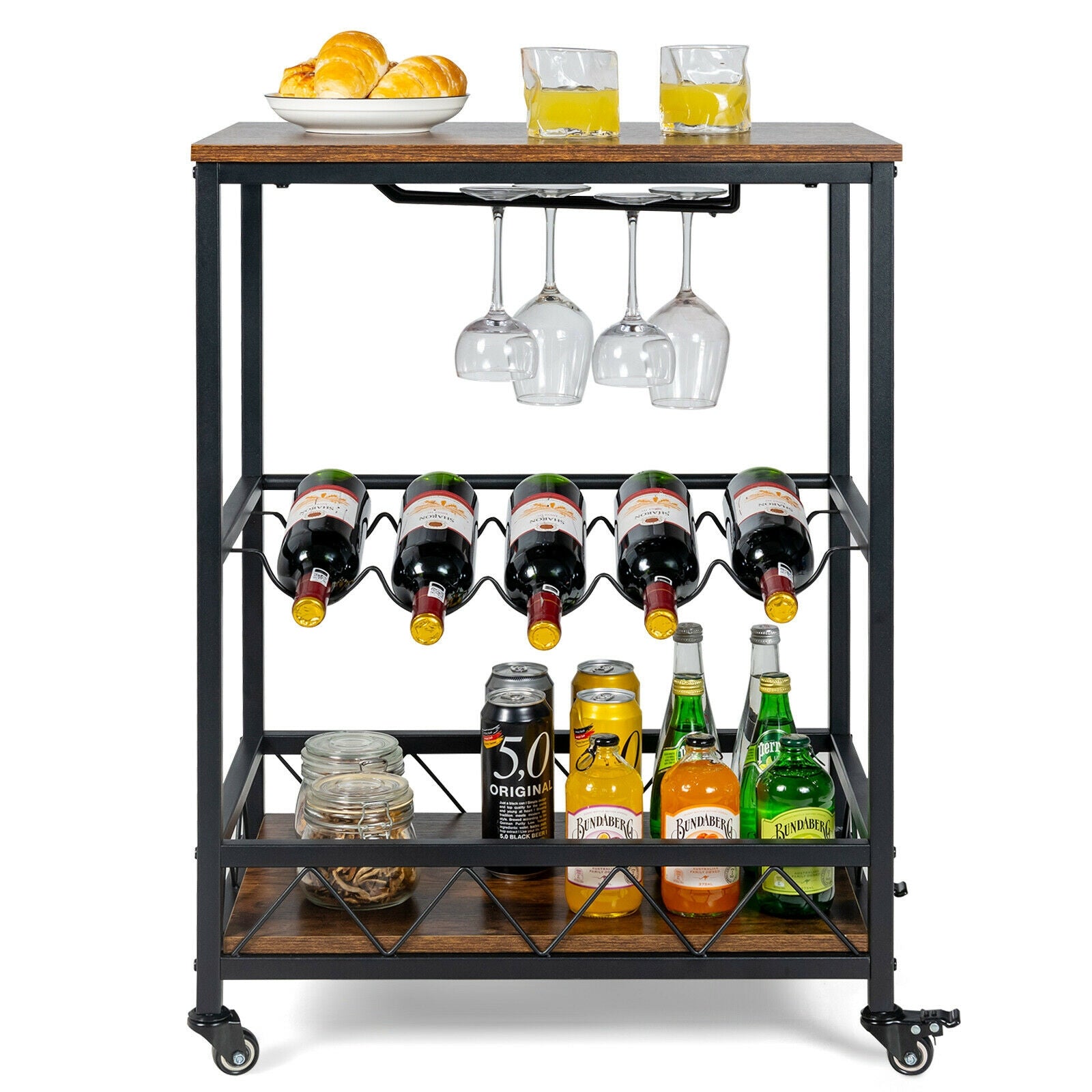 Kitchen Bar Cart Serving Trolley on Wheels with Wine Rack Glass Holder, Rustic Brown Baker's Racks at Gallery Canada