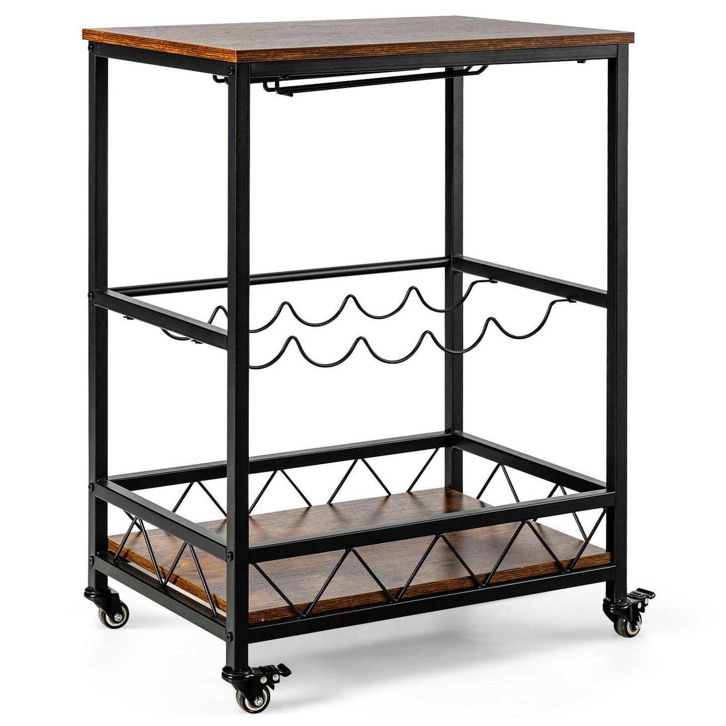 Kitchen Bar Cart Serving Trolley on Wheels with Wine Rack Glass Holder, Rustic Brown Baker's Racks Rustic Brown at Gallery Canada
