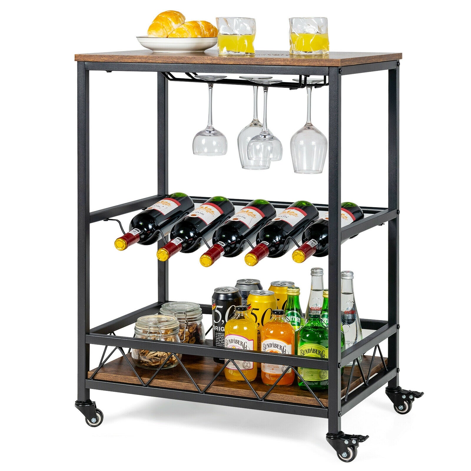 Kitchen Bar Cart Serving Trolley on Wheels with Wine Rack Glass Holder, Rustic Brown Baker's Racks at Gallery Canada