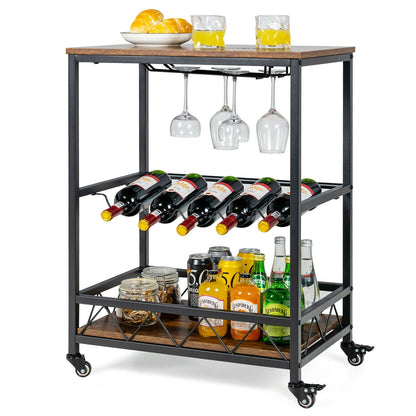 Kitchen Bar Cart Serving Trolley on Wheels with Wine Rack Glass Holder, Rustic Brown Baker's Racks at Gallery Canada