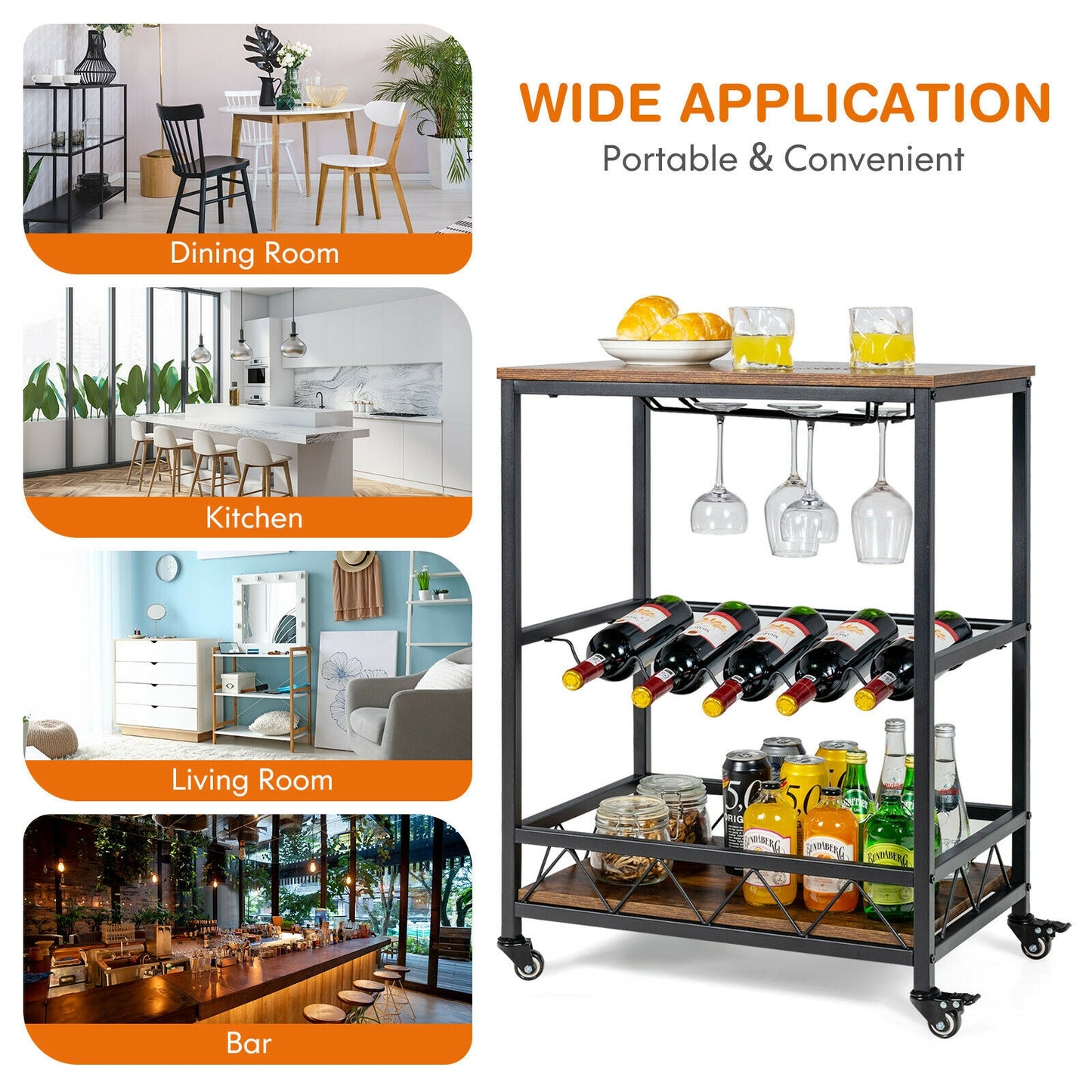 Kitchen Bar Cart Serving Trolley on Wheels with Wine Rack Glass Holder, Rustic Brown Baker's Racks at Gallery Canada