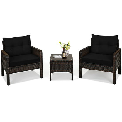 3 Pcs Outdoor Patio Rattan Conversation Set with Seat Cushions, Black Patio Conversation Sets at Gallery Canada