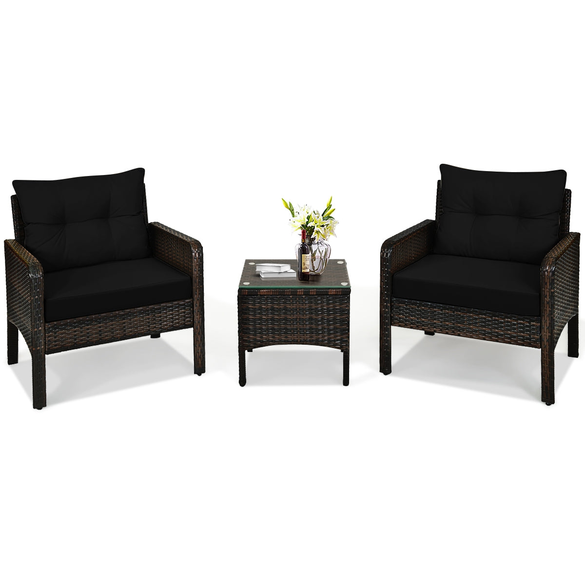 3 Pcs Outdoor Patio Rattan Conversation Set with Seat Cushions, Black Patio Conversation Sets Black at Gallery Canada