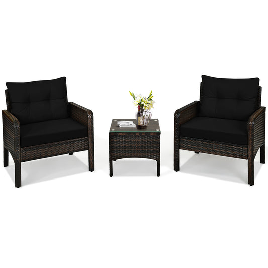 3 Pcs Outdoor Patio Rattan Conversation Set with Seat Cushions, Black Patio Conversation Sets Black at Gallery Canada