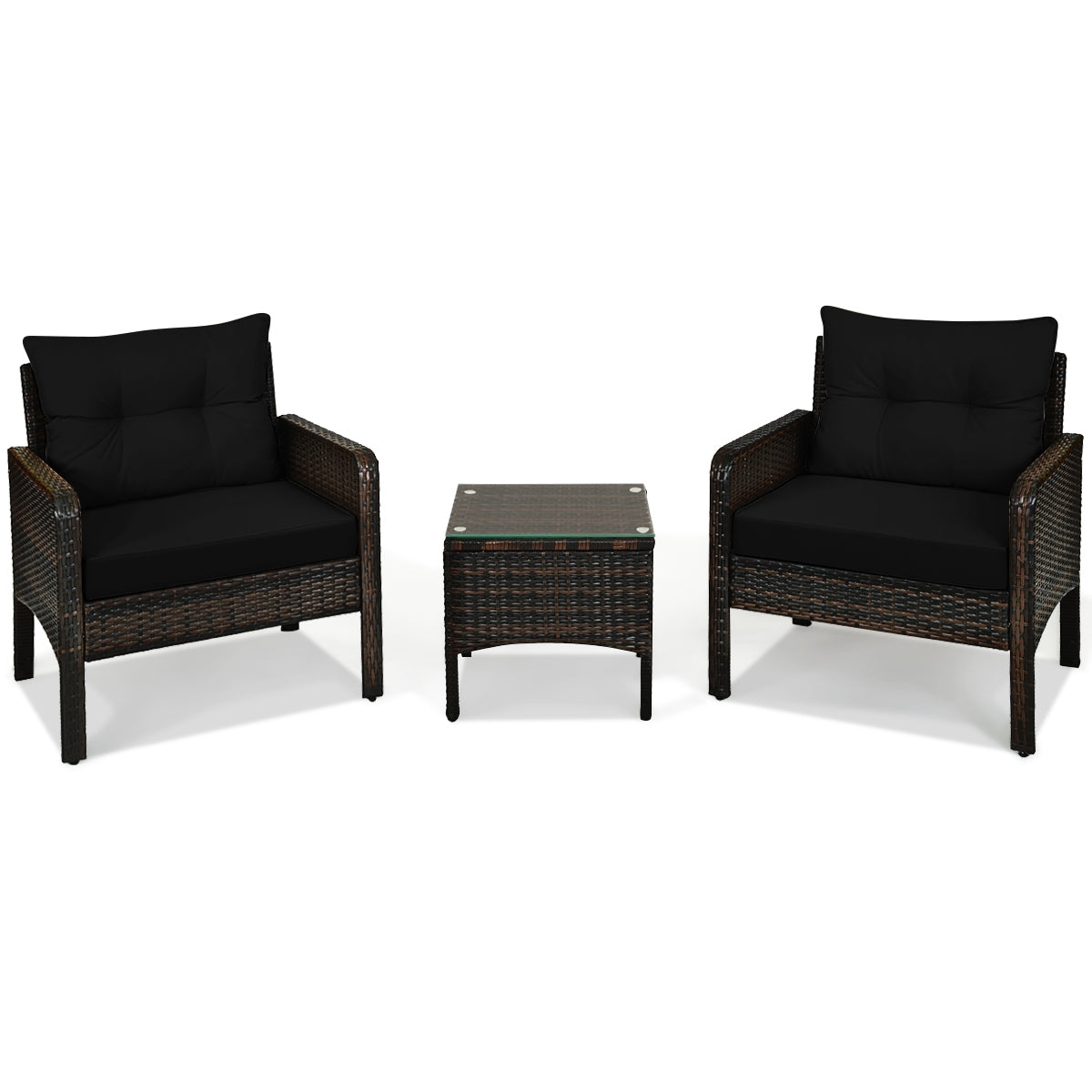 3 Pcs Outdoor Patio Rattan Conversation Set with Seat Cushions, Black Patio Conversation Sets at Gallery Canada
