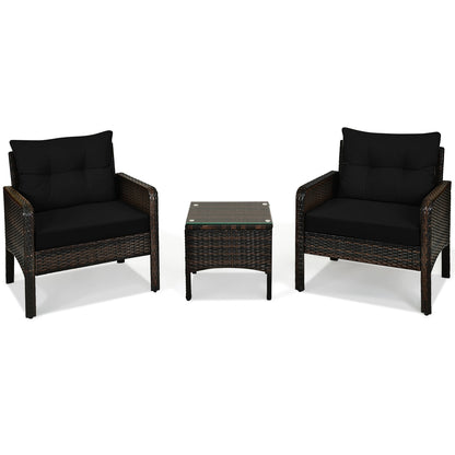 3 Pcs Outdoor Patio Rattan Conversation Set with Seat Cushions, Black Patio Conversation Sets at Gallery Canada