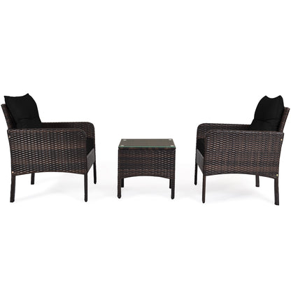 3 Pcs Outdoor Patio Rattan Conversation Set with Seat Cushions, Black Patio Conversation Sets at Gallery Canada