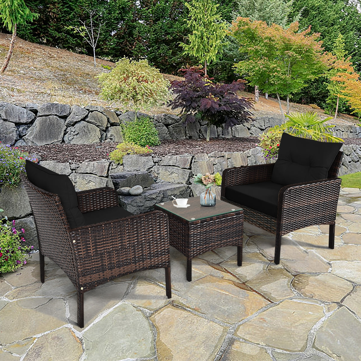 3 Pcs Outdoor Patio Rattan Conversation Set with Seat Cushions, Black Patio Conversation Sets at Gallery Canada