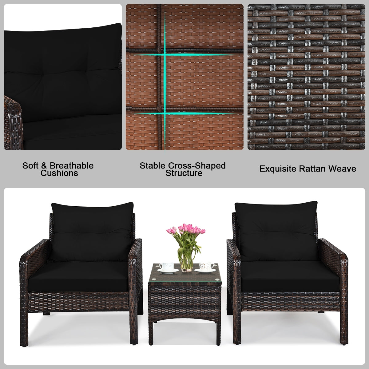 3 Pcs Outdoor Patio Rattan Conversation Set with Seat Cushions, Black Patio Conversation Sets at Gallery Canada