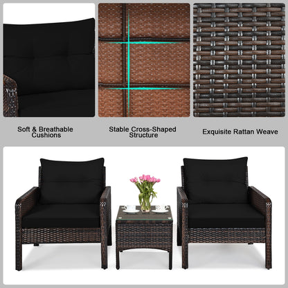3 Pcs Outdoor Patio Rattan Conversation Set with Seat Cushions, Black Patio Conversation Sets at Gallery Canada