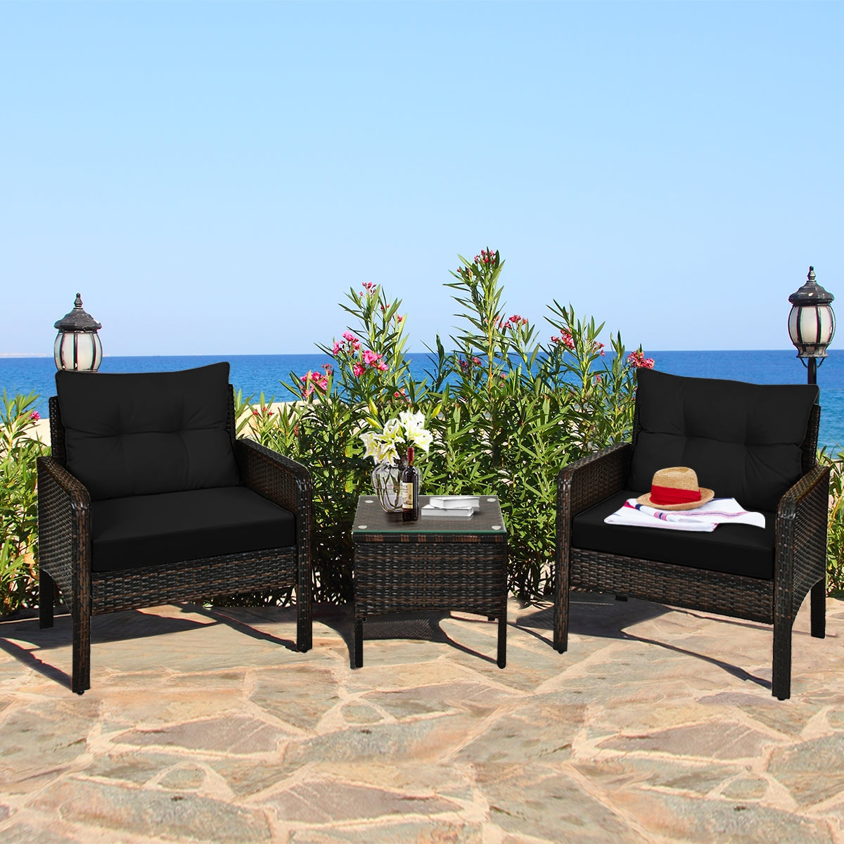3 Pcs Outdoor Patio Rattan Conversation Set with Seat Cushions, Black Patio Conversation Sets at Gallery Canada