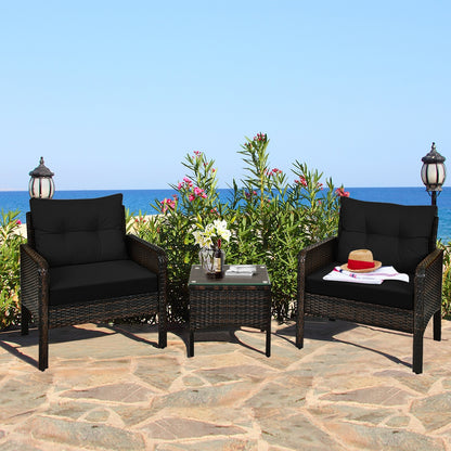 3 Pcs Outdoor Patio Rattan Conversation Set with Seat Cushions, Black Patio Conversation Sets at Gallery Canada