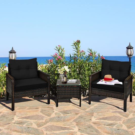 3 Pcs Outdoor Patio Rattan Conversation Set with Seat Cushions, Black Patio Conversation Sets Black at Gallery Canada