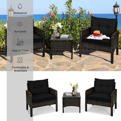 3 Pcs Outdoor Patio Rattan Conversation Set with Seat Cushions, Black Patio Conversation Sets at Gallery Canada