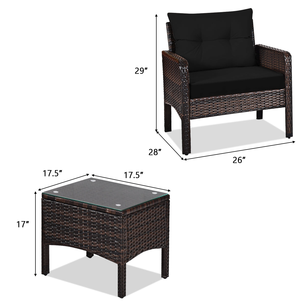 3 Pcs Outdoor Patio Rattan Conversation Set with Seat Cushions, Black Patio Conversation Sets at Gallery Canada