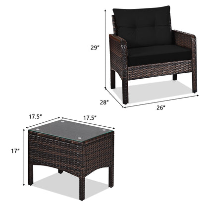 3 Pcs Outdoor Patio Rattan Conversation Set with Seat Cushions, Black Patio Conversation Sets at Gallery Canada
