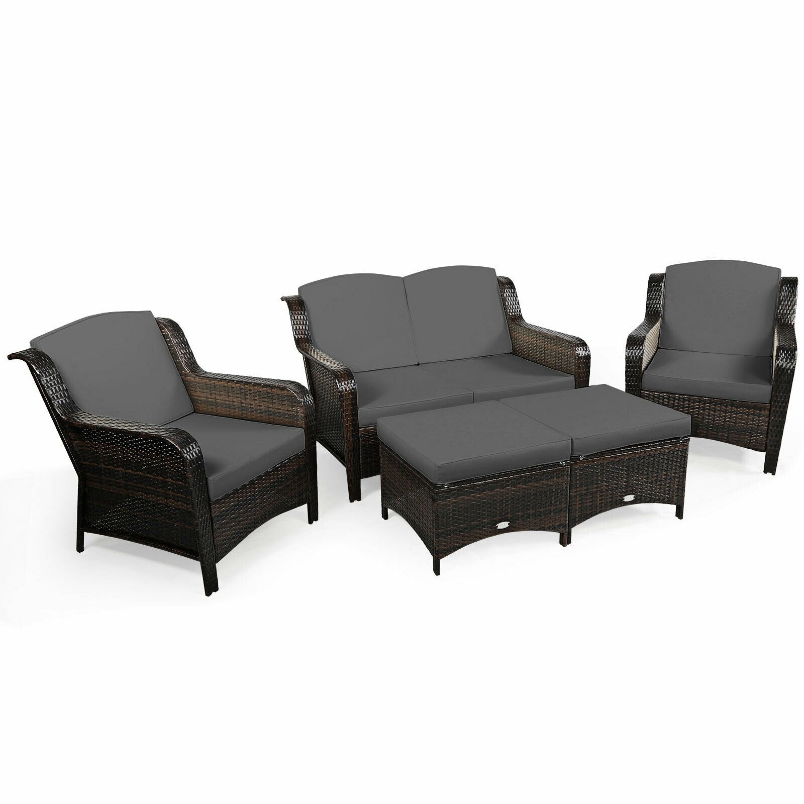 5 Pieces Patio Rattan Sofa Set with Cushion and Ottoman, Gray Outdoor Sectionals at Gallery Canada