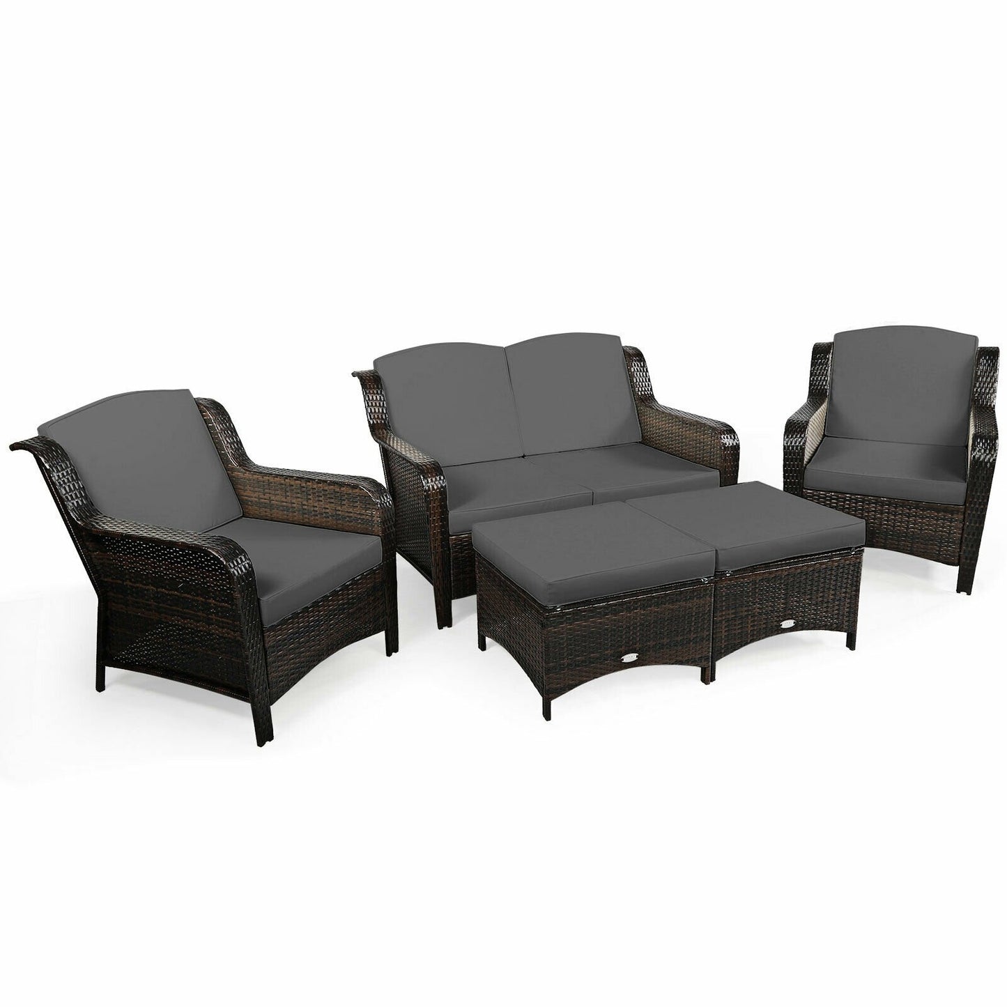 5 Pieces Patio Rattan Sofa Set with Cushion and Ottoman, Gray Outdoor Sectionals at Gallery Canada