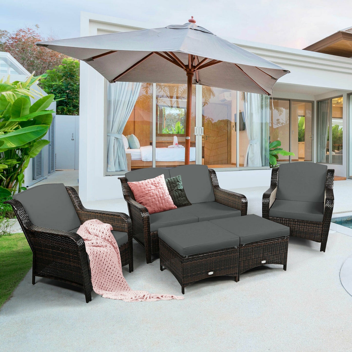 5 Pieces Patio Rattan Sofa Set with Cushion and Ottoman, Gray Outdoor Sectionals at Gallery Canada
