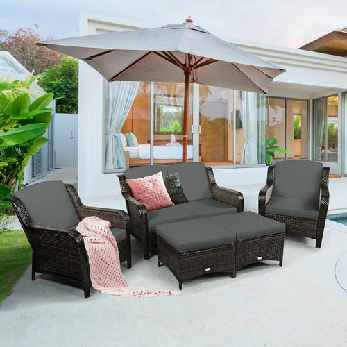 5 Pieces Patio Rattan Sofa Set with Cushion and Ottoman, Gray