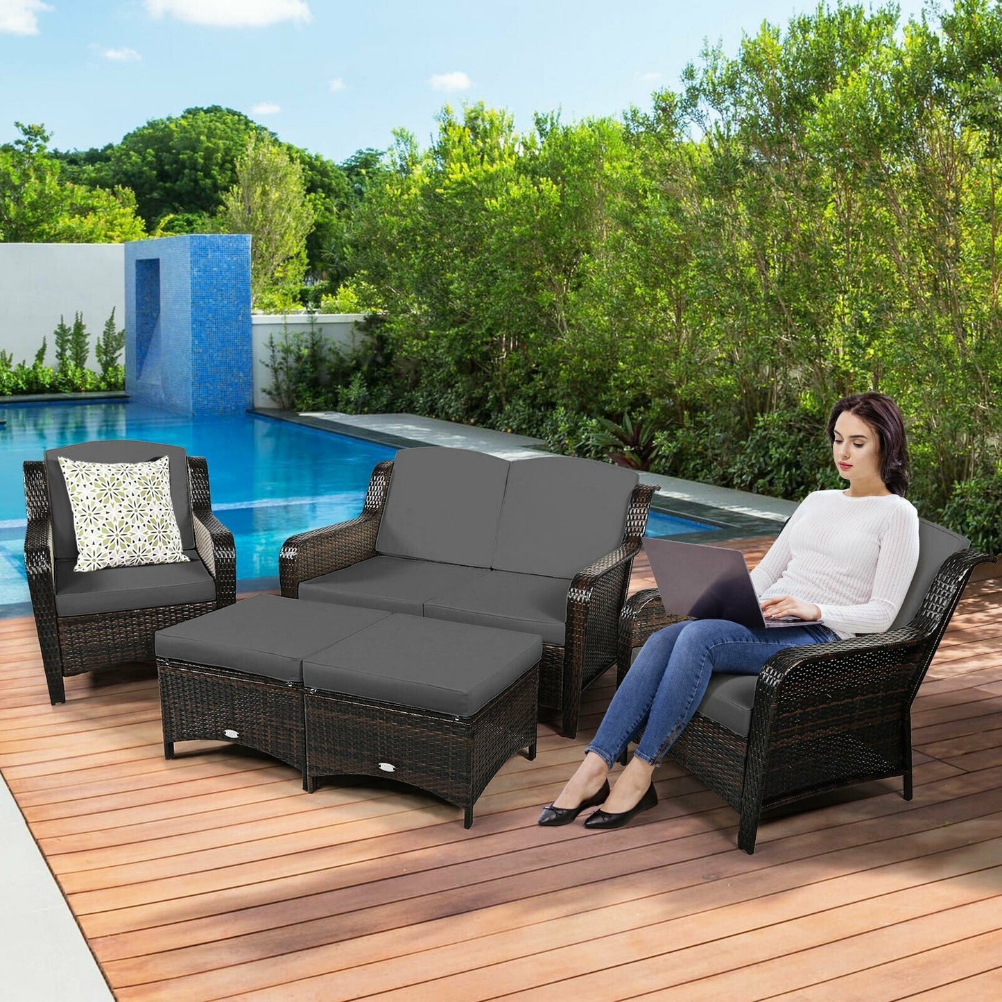 5 Pieces Patio Rattan Sofa Set with Cushion and Ottoman, Gray Outdoor Sectionals at Gallery Canada