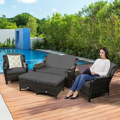 5 Pieces Patio Rattan Sofa Set with Cushion and Ottoman, Gray Outdoor Sectionals at Gallery Canada
