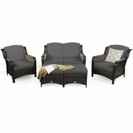 5 Pieces Patio Rattan Sofa Set with Cushion and Ottoman, Gray at Gallery Canada